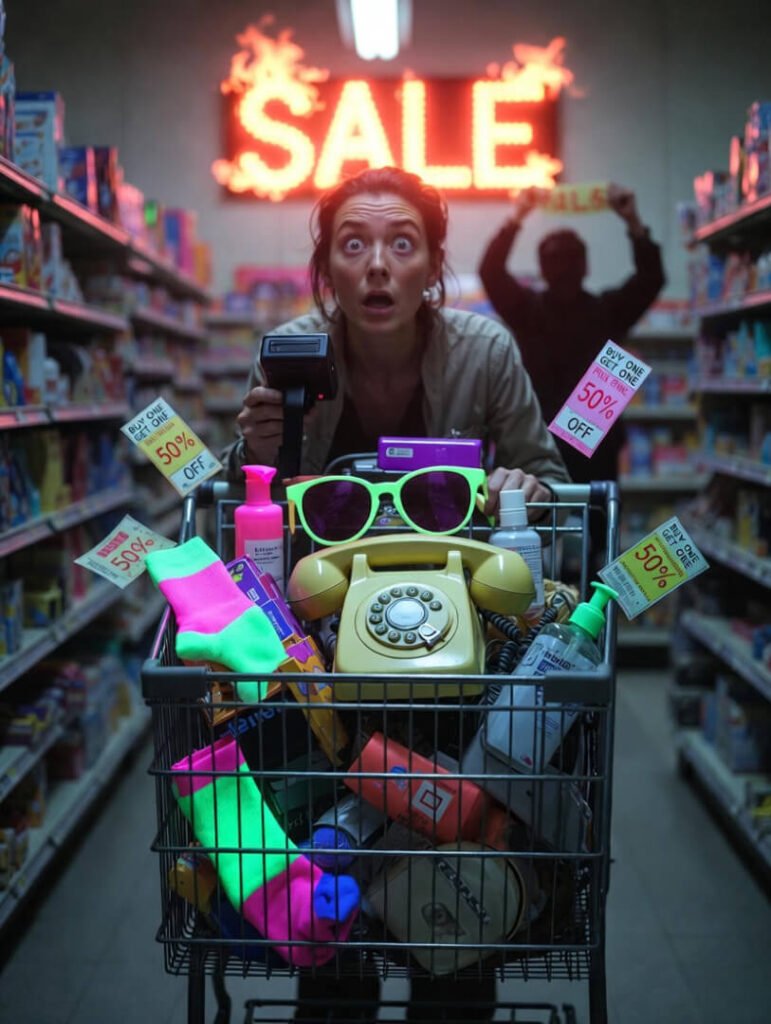 an overflowing shopping cart crammed with random sale items like a glowing air fryer and neon sneakers,