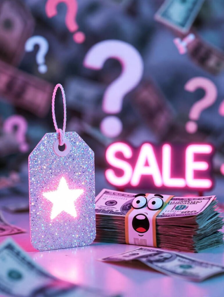 a massive red discount tag slashed across a pile of gadgets like earbuds and vacuums, a shopping cart overflowing