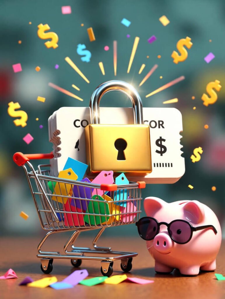 a glowing golden padlock unlocking over a pile of colorful discount tags, a mini shopping cart bursting with coupon vouchers,