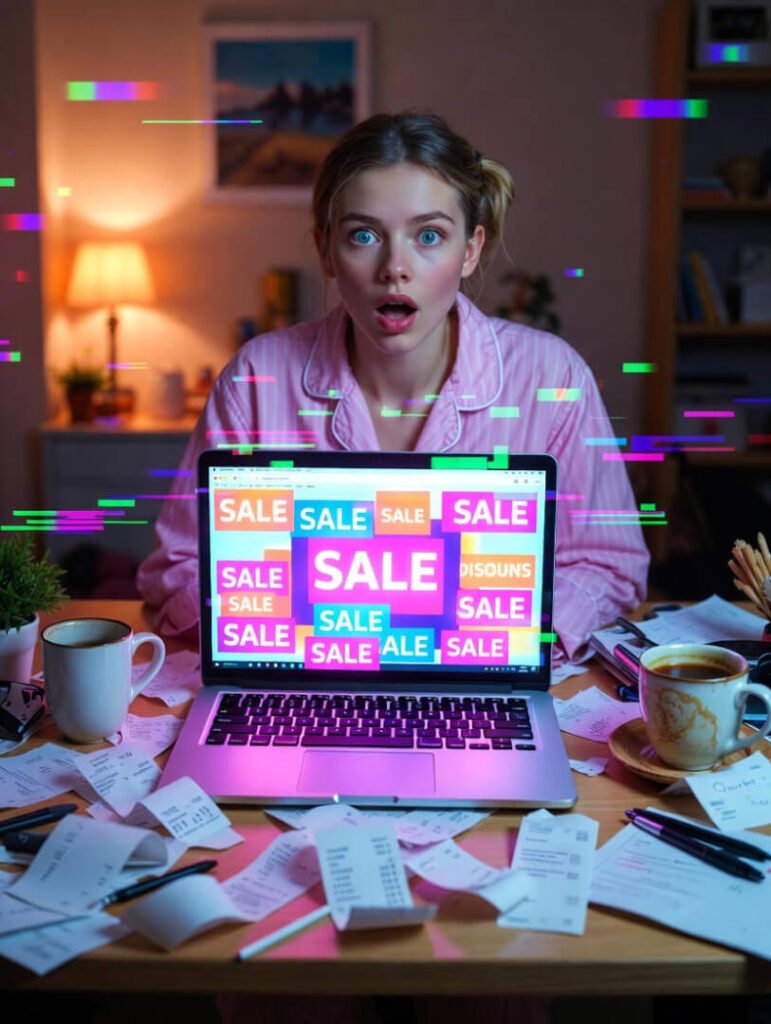 Slightly blurred photorealistic image of a surprised shopper in pajamas at a cluttered desk with a flickering laptop screen full of sale banners,