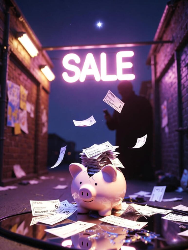 a cracked piggy bank overflowing with glowing digital discount coupons, a smartphone screen showing instant savings notifications