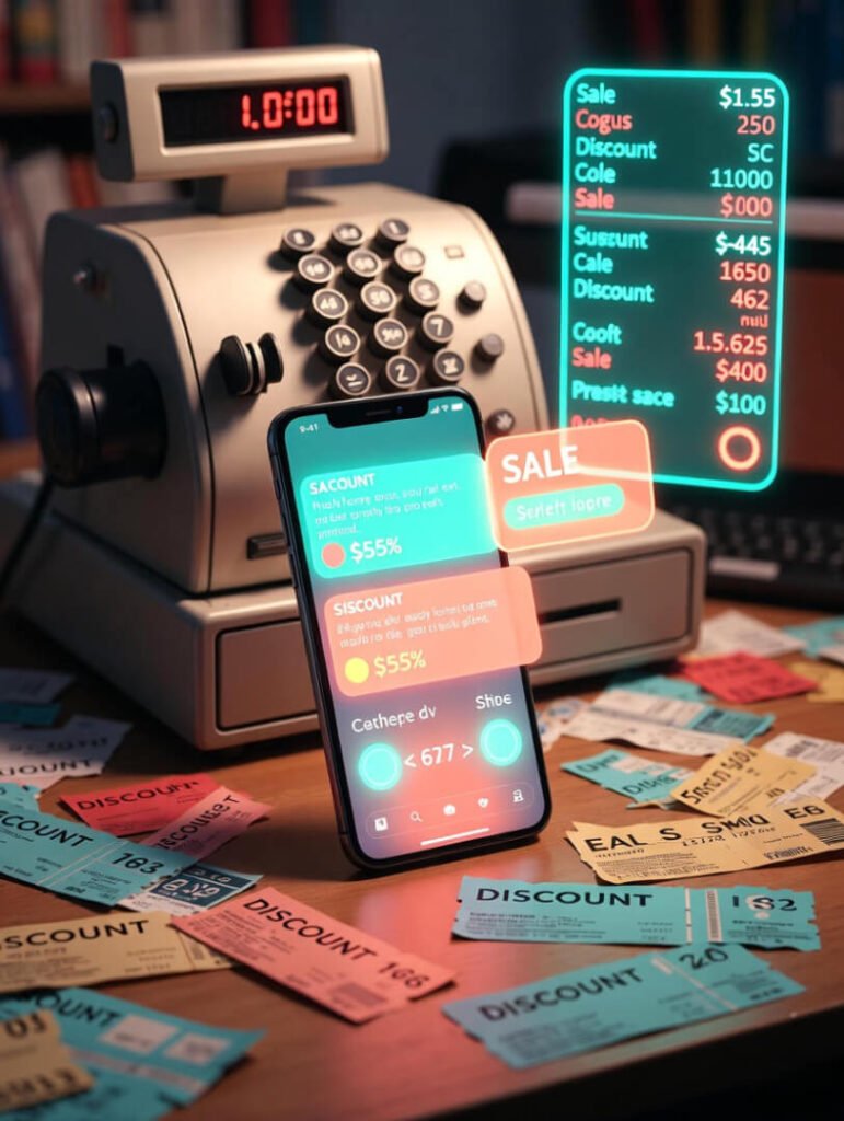 a cozy living room with a person excitedly checking sale notifications on their phone, scattered shopping bags from popular brands