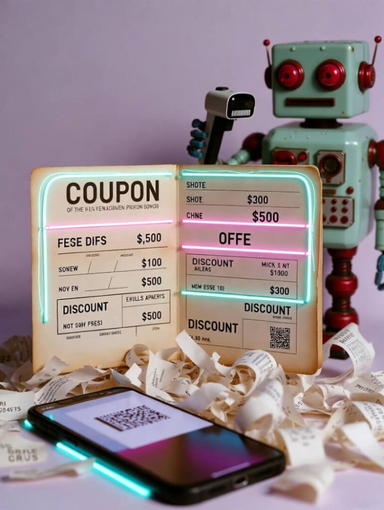 a glowing smartphone screen showing a successful discount applied at checkout, a scattered pile of virtual coupon icons with percentage signs,