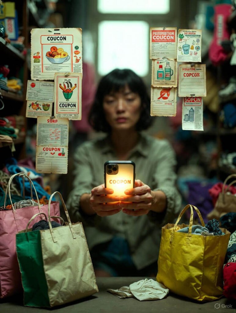 a secretive coupon booklet tucked inside a vintage shopping bag spilling crumpled clips, a glowing smartphone screen displaying