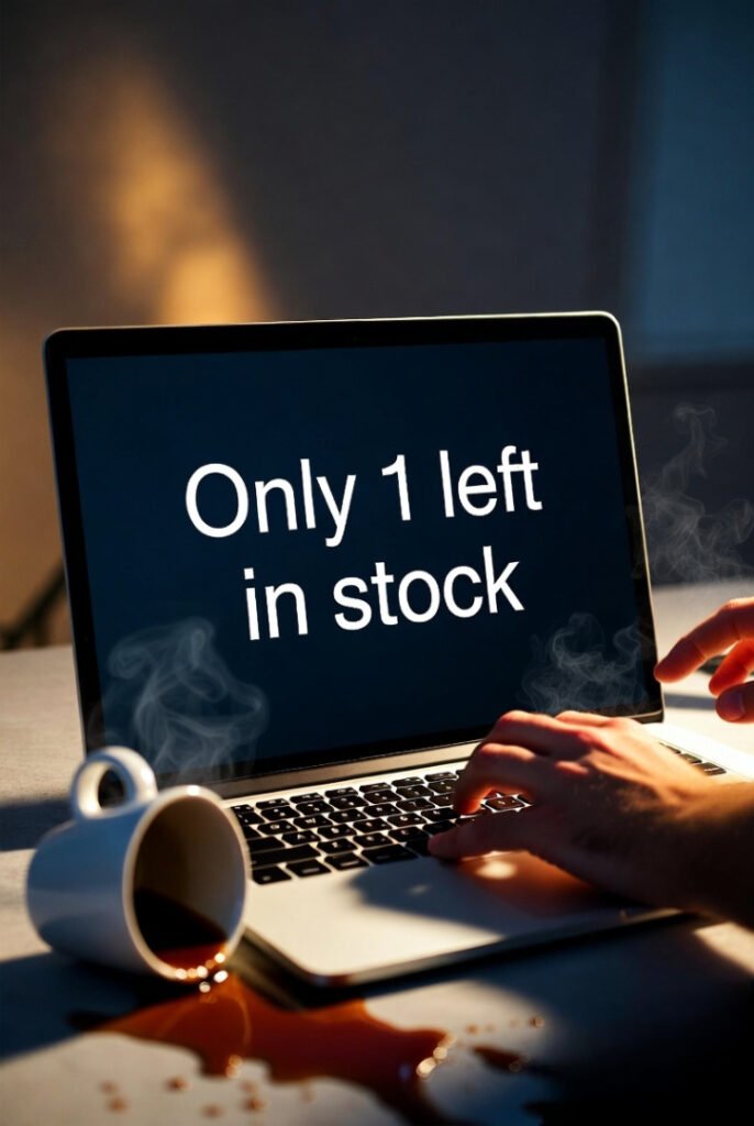 laptop screen showing “Only 1 left in stock,” dramatic lighting