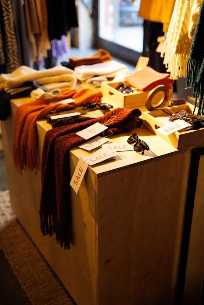 A cozy, slightly chaotic shopping setup with seasonal items