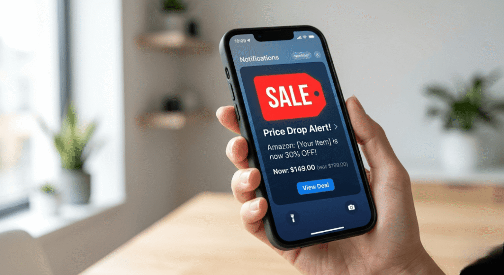 A smartphone close-up showing a price drop notification with a big “SALE” tag. Bright lighting with high contrast, modern minimal background.