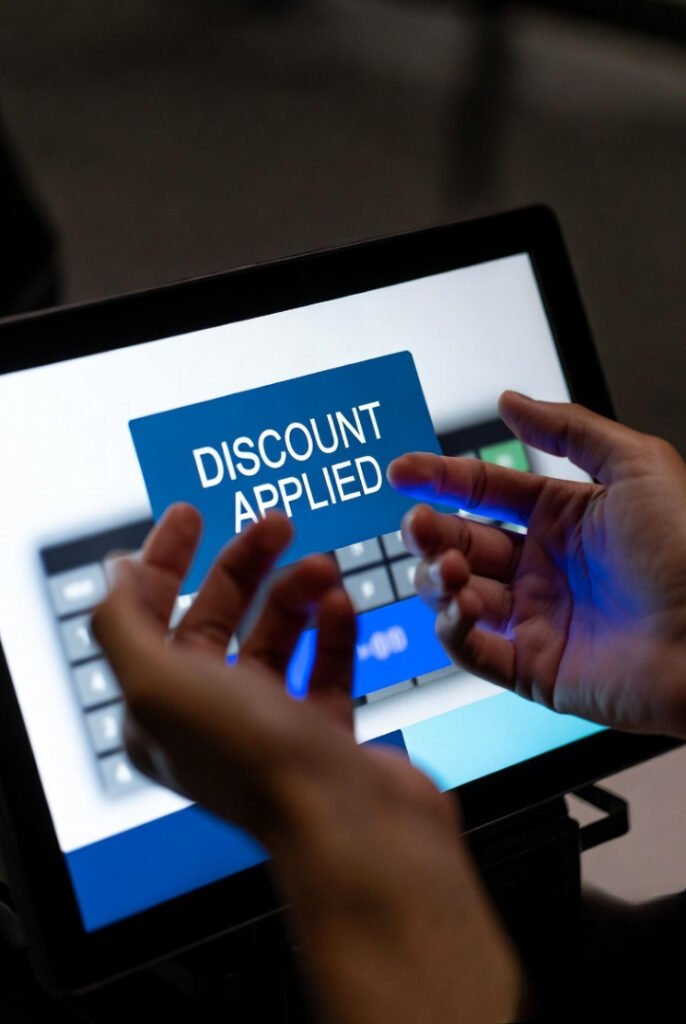 Close-up of a checkout screen showing a discount applied, soft blue light from screen