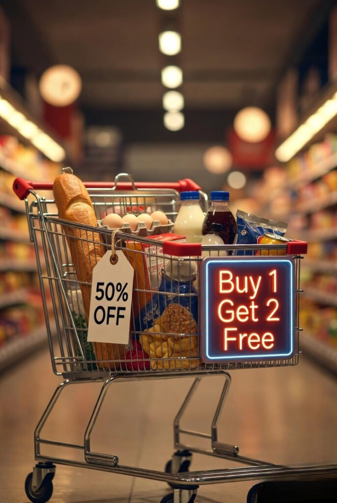a shopping cart filled with items, where one tag reads “50% OFF” and another brighter tag says “Buy 1 Get 2 Free,” creating contrast.