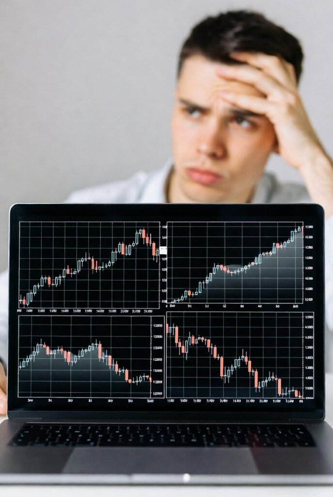 A laptop screen showing price comparison charts with rising and falling lines