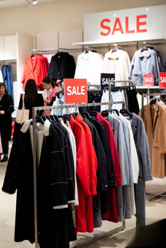 A rack of winter clothes with big “SALE” signs, slightly chaotic store vibe, bright lighting, people browsing.
