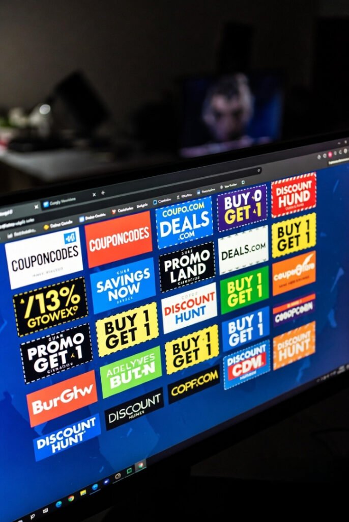 Close-up of multiple browser tabs open with coupon websites, chaotic but relatable, cool blue screen glow in a dim room.