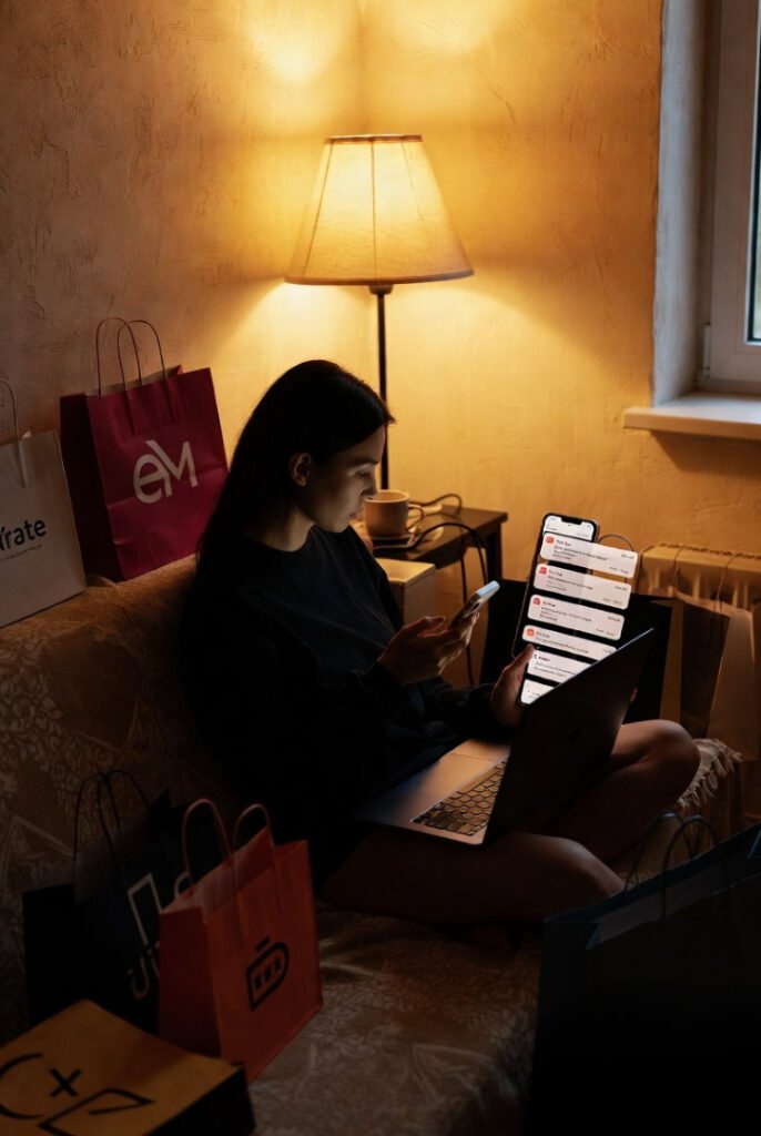 A slightly chaotic but cozy scene of a person sitting on a couch with a laptop