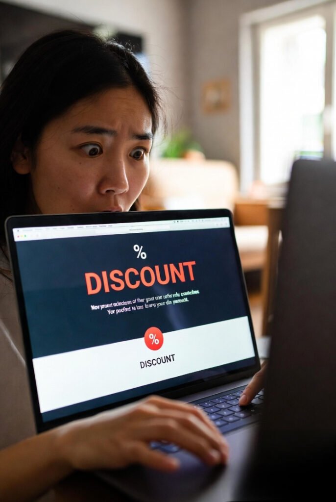 Person looking surprised at a laptop screen showing a successful discount, soft lighting, candid emotional reaction.