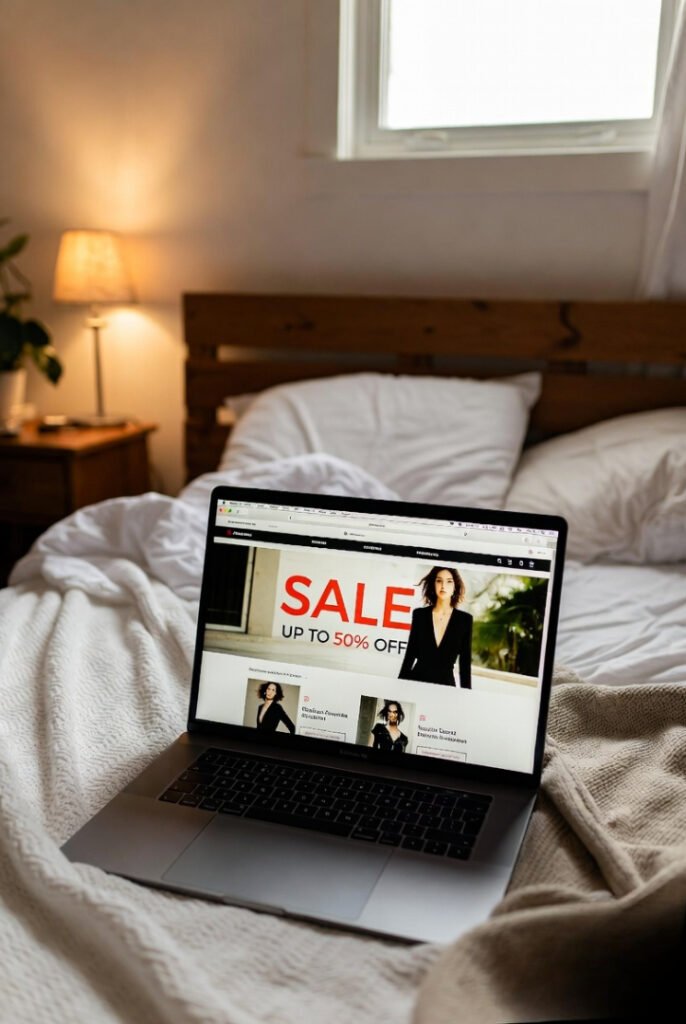 fashion website sale banner, cozy bedroom setup, warm lighting, slightly messy but aesthetic vibe.