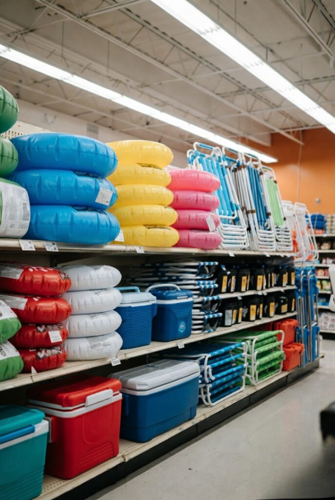 Bright summer items like pool floats, coolers, and beach chairs stacked in a store aisle, early-season calm vibe, soft natural lighting.