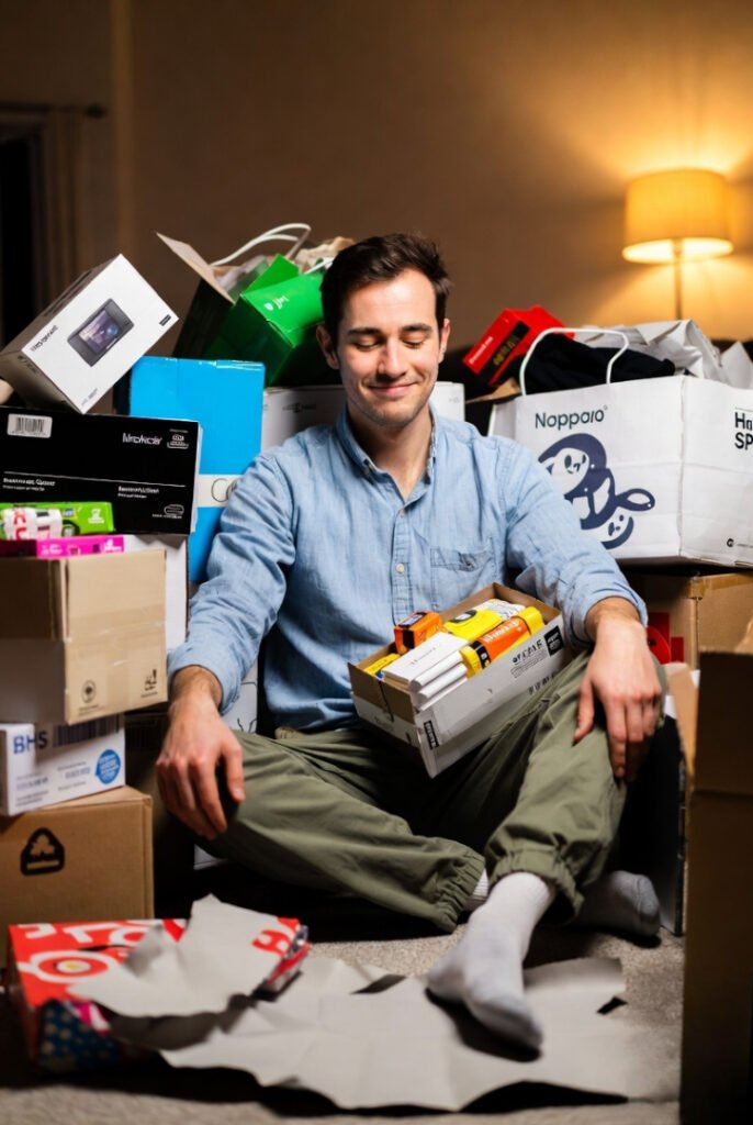A person sitting on the floor surrounded by opened packages from different categories