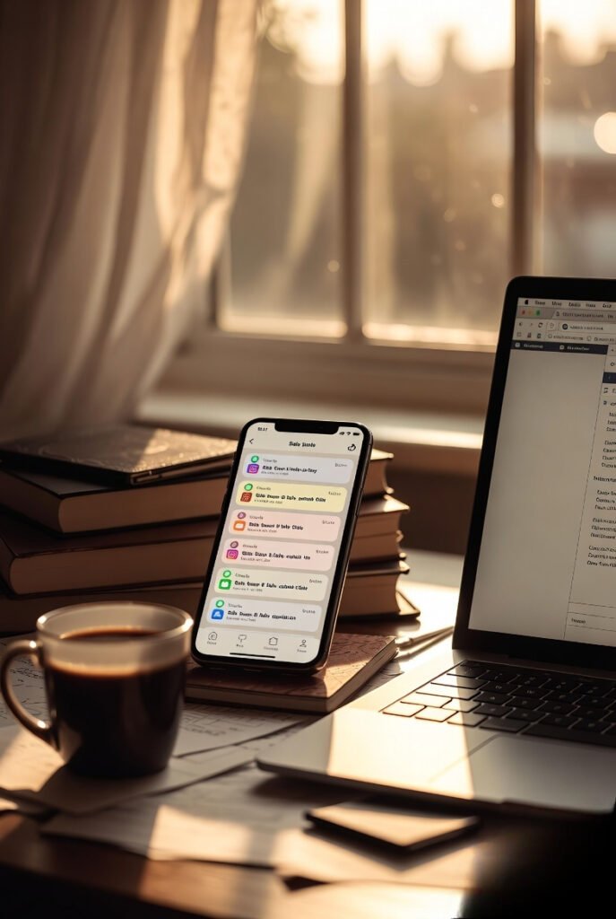 A slightly messy desk with a phone showing sale notifications, a laptop with multiple tabs open