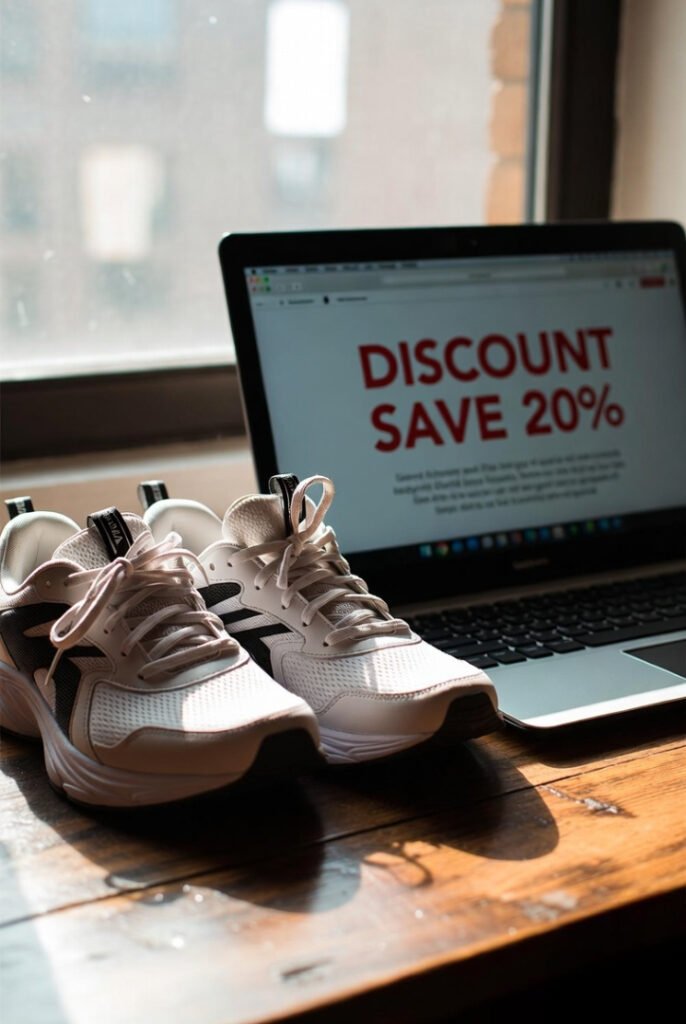 A pair of running shoes placed near a laptop showing a discount page, with natural morning light streaming in. Fresh, hopeful vibe.